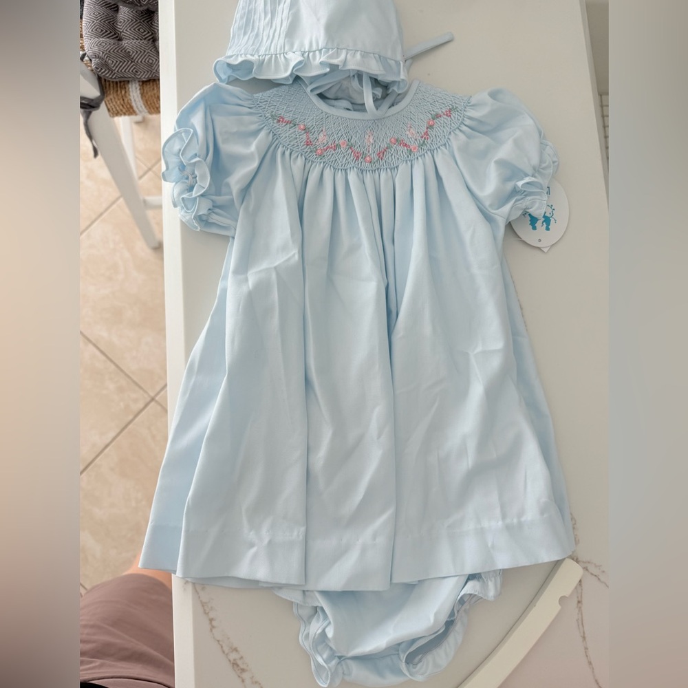 Light Blue Baby dress with bonnet and bloomers 18 months